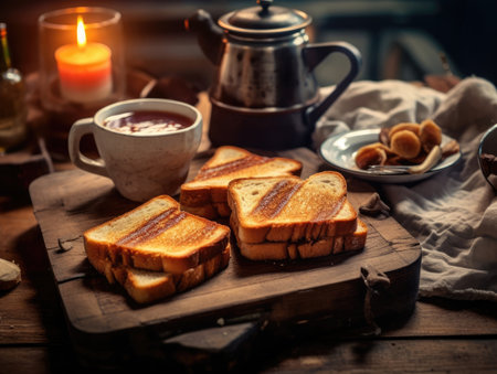 Close up view of toast, fried eggs and coffee on wooden table. Generative AIの素材