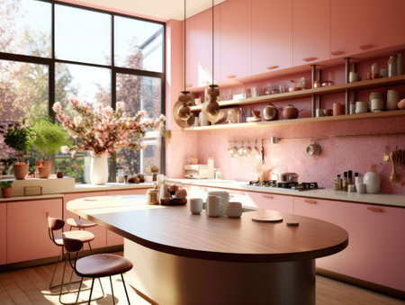 Lovely pink pastel kitchen room interior. Generative AIの素材
