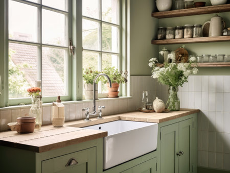 Vintage green cozy kitchen with window and natural lighting. Generative AIの素材