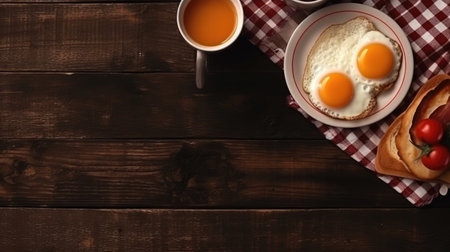 Top view of english breakfast on wooden table with copy space. Generative AIの素材