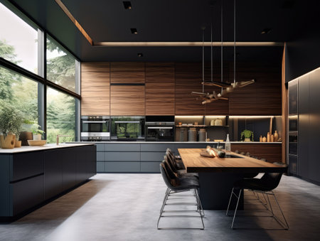 Black stylish kitchen with wooden furniture and large window. Generative AIの素材