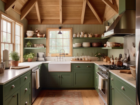 Vintage green cozy kitchen with window and natural lighting. Generative AIの素材
