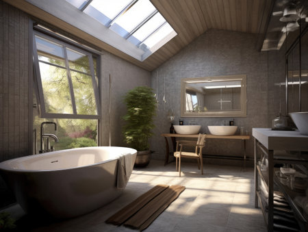 Modern style bathroom with open ceiling, bath tub, natural light. Generative AIの素材