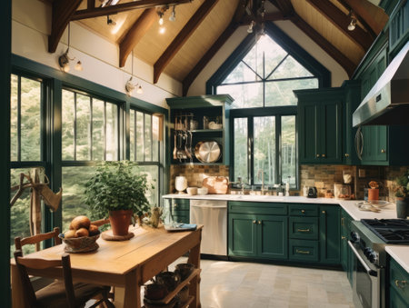 Vintage green cozy kitchen with window and natural lighting. Generative AIの素材