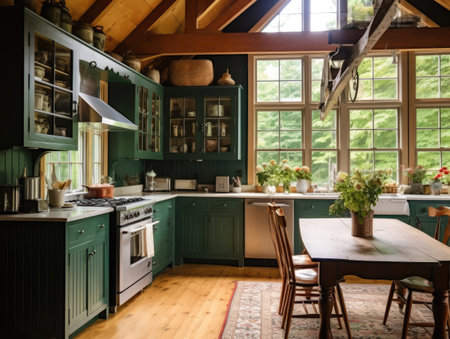 Vintage green cozy kitchen with window and natural lighting. Generative AIの素材