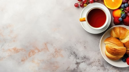 Top view of tasty english breakfast on the table with copy space. Generative AIの素材