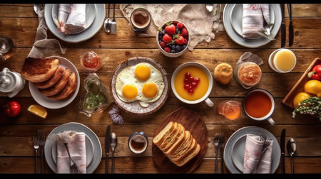 Top view of english breakfast on wooden table, natural light. Generative AIの素材