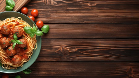 Top view of beautiful delicious tomato spaghetti with copy space, famous Italian dish. Generative AIの素材