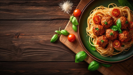 Top view of beautiful delicious tomato spaghetti with copy space, famous Italian dish. Generative AIの素材