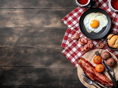 Top view of english breakfast on wooden table with copy space. Generative AIの素材