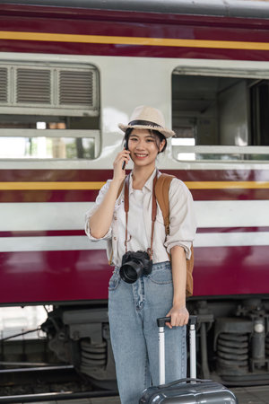 Traveler young asian woman talking on cell phone at terminal train station. Happy tourist travel by...