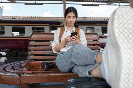 Traveler young asian woman using cellphone trip at terminal train station. Happy tourist travel by...