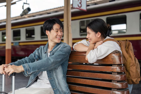 Young couple sitting on wooden bench at train station. Couple sitting waiting for the train at...