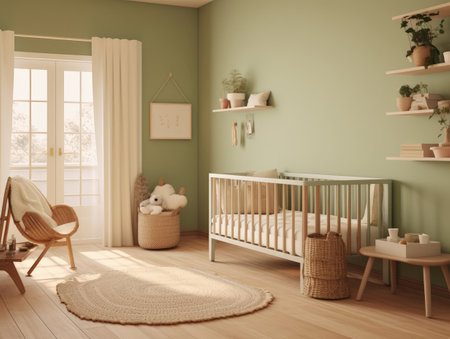 Cozy green toddler bedroom with crib bed and decoration. Generative AIの素材