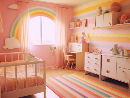 Modern pink colorful toddler bedroom with decoration. Generative AIの素材