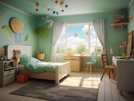 Cozy blue kid bedroom with toy and fun decoration. Generative AIの素材