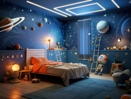 Modern boy bedroom with space theme decoration. Generative AIの素材