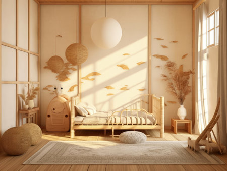 Minimal modern baby room with wooden crib bed. Generative AIの素材