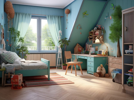 Cozy blue kid bedroom with toy and fun decoration. Generative AIの素材