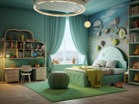 Cozy blue kid bedroom with toy and fun decoration. Generative AIの素材