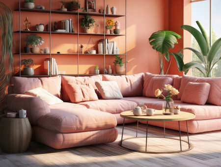 Cozy modern living room with pink stylish furniture and decoration. Generative AIの素材