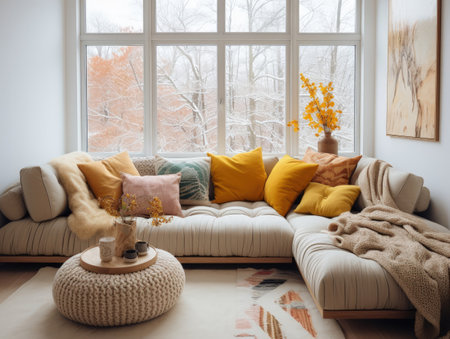Bright yellow colorful living room with yellow sofa and wooden decoration. Generative AIの素材