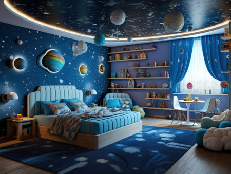 Modern boy bedroom with space theme decoration. Generative AIの素材