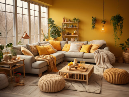 Bright yellow colorful living room with yellow sofa and wooden decoration. Generative AIの素材