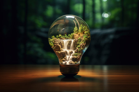 Green eco friendly lightbulb. concept of Renewable energy and sustainable living. Generative AIの素材