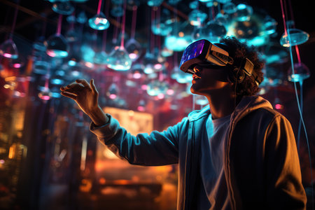 Exciting black man in VR glasses. digital art illustration. Generative AIの素材