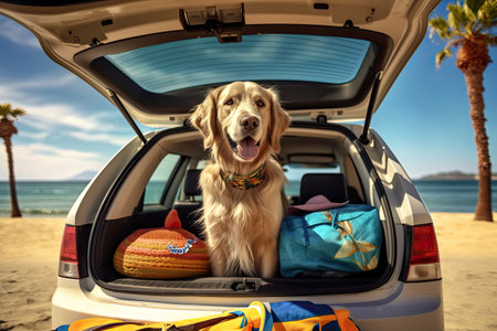 Cute dog at back of car ready for travel. Generative AIの素材