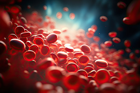 Human red blood cells in vein. Red blood cells medical design. Medical science background. Generative AIの素材