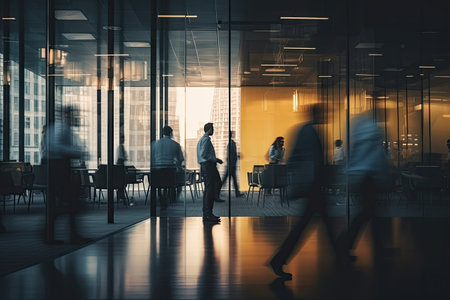 Blurred moving business people in the office. Cinematic. Generative ai.の素材