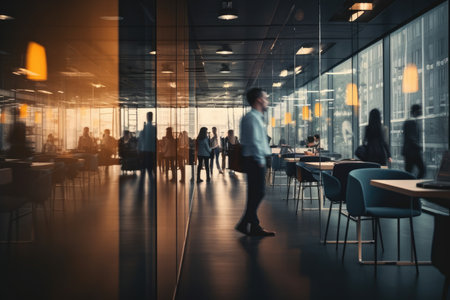 Blurred moving business people in the office. Cinematic. Generative ai.の素材
