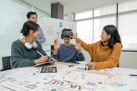 Diverse development team testing virtual reality headset, brainstorming on augmented reality improvement, future technologyの写真素材
