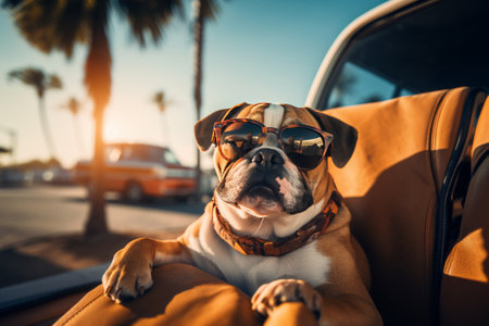 Chill dog at back of car ready for travel. vocation summer travel at beach. Generative AIの素材