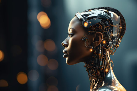 Closeup hybrid cyborg beauty transformation with a girl humanoid face. Generative AIの素材