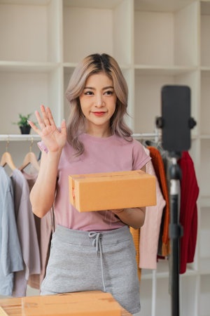 Woman entrepreneur showing clothes product on live online social media streaming and packing into cardboard box to preparing for shipping customer delivery at homeの写真素材