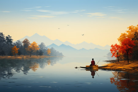 Illustration of stunning landscape minimalism art. Purple colors, sunset. View of the lake and mountains. Generative aiの素材