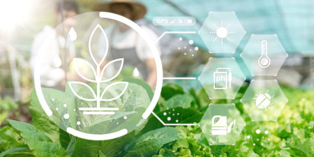 Agriculture technology farmer to research about agriculture problems analysis data and visual icon
