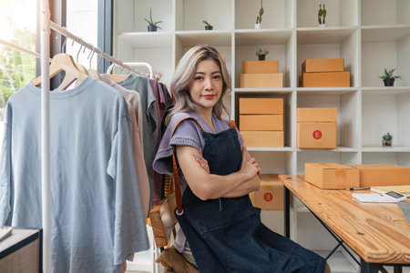 Asian beautiful woman entrepreneur of online sell clothing with laptop and notebook on desk in home officeの写真素材