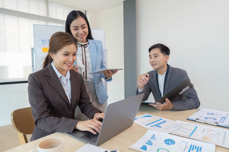 Business team briefing of financial analyze about company graph profit. finance, strategy, meeting...