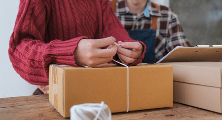 Couple small business owner working with computer at workplace. Couple business seller check product order. Packing goods for delivery to customer. Online selling. E-commerce. Shipping conceptの写真素材
