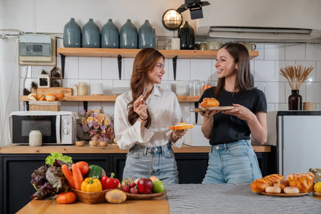 Two beautiful woman friends enjoy breakfast in kitchen drinking coffee. Two best friends LGBTQ relation partner home cooking. Two woman together love friendshipの写真素材