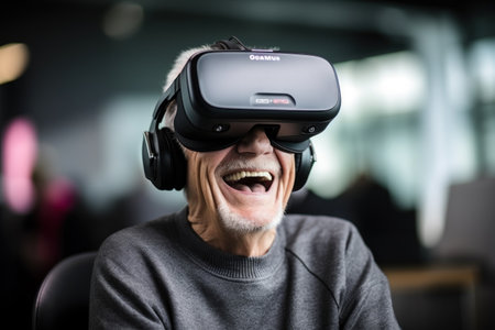 Grandfather is happy to watch movies using a VR headset. Generative AIの素材