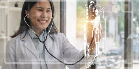 Female doctor wearing white suit is working. Digital interface with icon of human body, lungs, heart, bacteria, pill, syringe in foreground. Concept of healthcare and vaccinationの写真素材