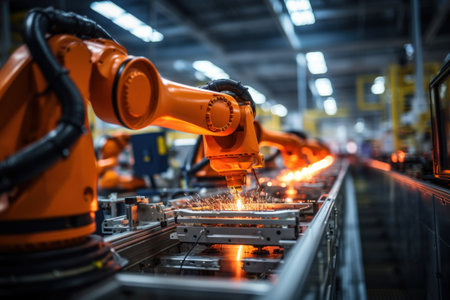 Industrial robots arm are welding automotive part in car factory. AI Generativeの素材