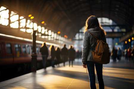 Woman with a backpack travel alone . Generative AIの素材
