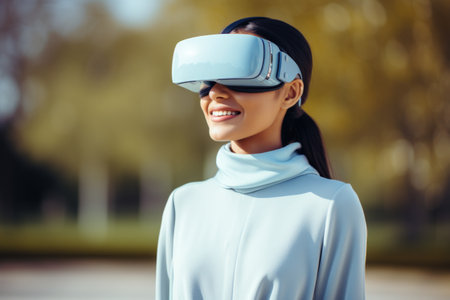 Girl wearing vr headset, metaverse, futuristic virtual world, generative aiの素材