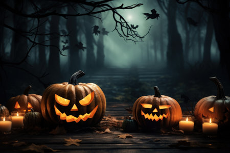 Halloween carved pumpkin on the porch outside. ai generativeの素材